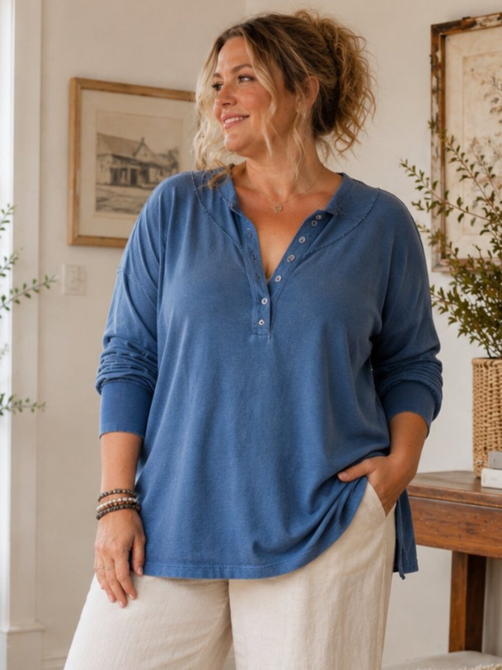 Soft Surroundings French Terry Henley Tunic 2X Washed Blue Raw Edge Oversized